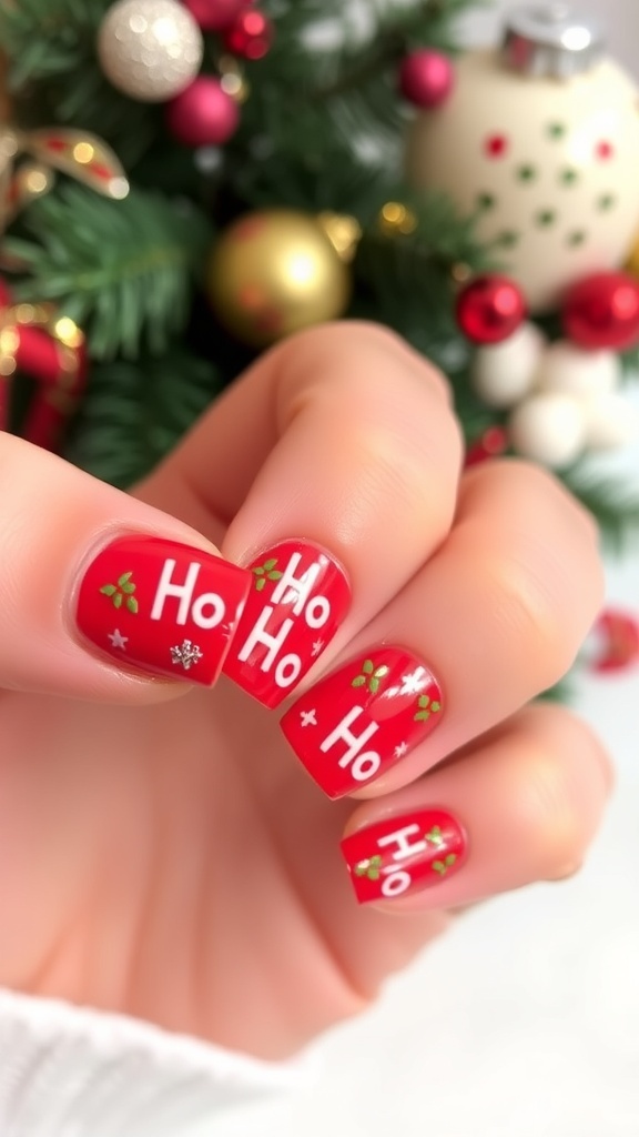 Short Christmas nails with red base and white 